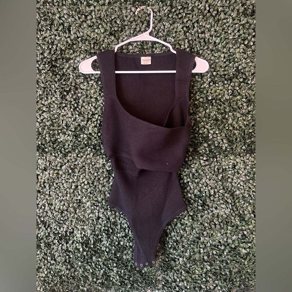 Abercrombie & Fitch Black Ribbed Tank Bodysuit with Wrap Front - Size S